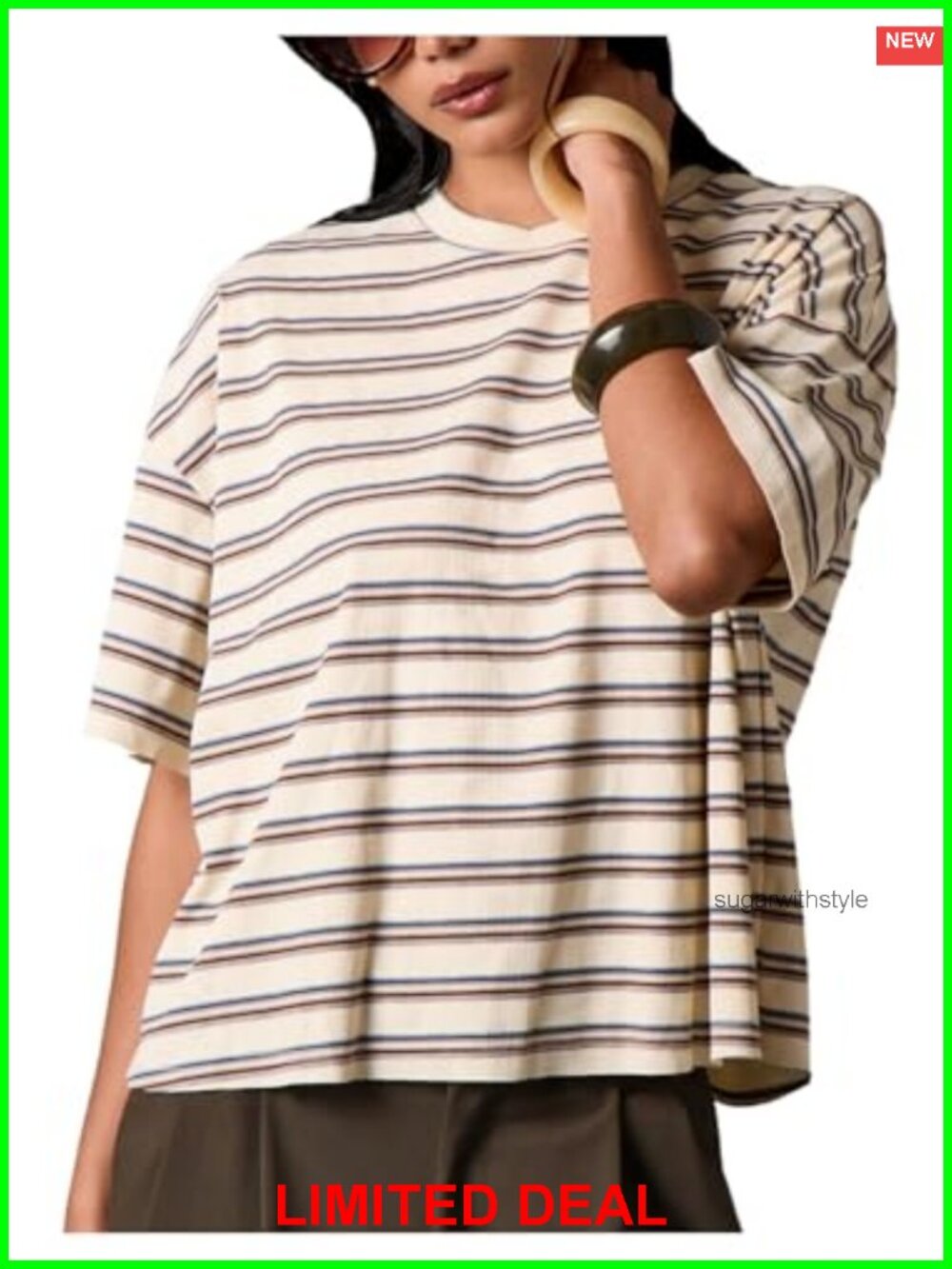 Women's Oversized Striped Ribbed Knit Short Sleeve T-Shirt Y2k Going Out Top